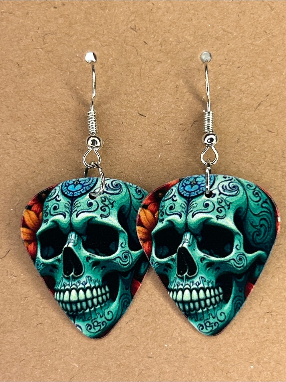 Teal Sugar Skull Custom Guitar Pick Earrings Fashion Jewelry
